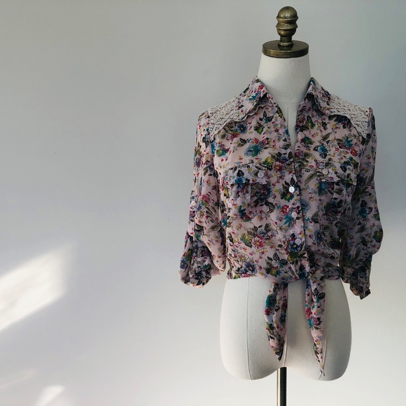 Blouse Sheer Pink Floral AMERICAN RAG Roll Up Sleeves Large - Picture 9 of 9